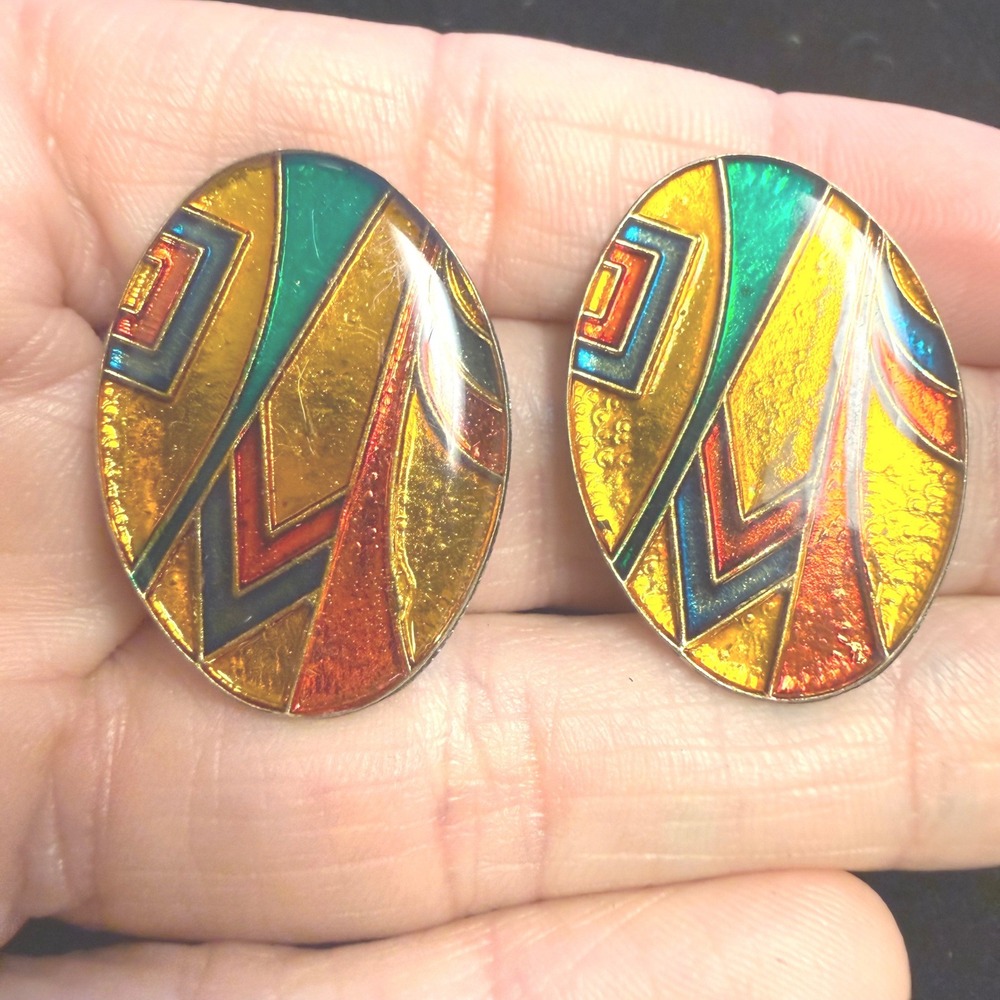 Vintage Geometric Cloisonne Enamel Oval Stud Earrings Gold‎ Tone Art Deco Style